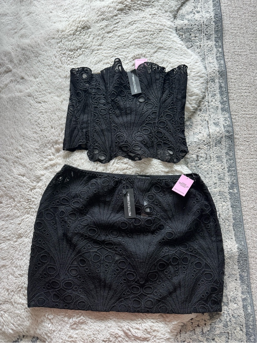 PrettyLittleThing Black floral Lace Corset Top & Mini Skirt Set